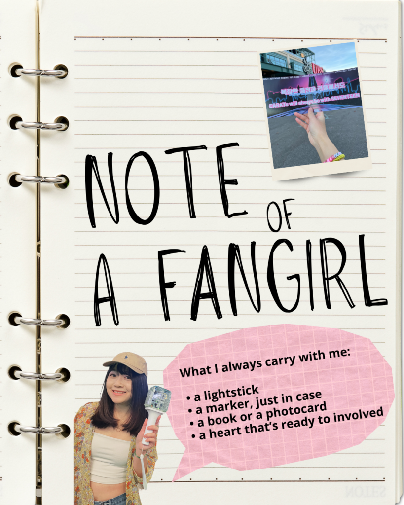 Notebook cover titled ‘Note of a Fangirl’ with a Seventeen fan photo and woman holding a lightstick.