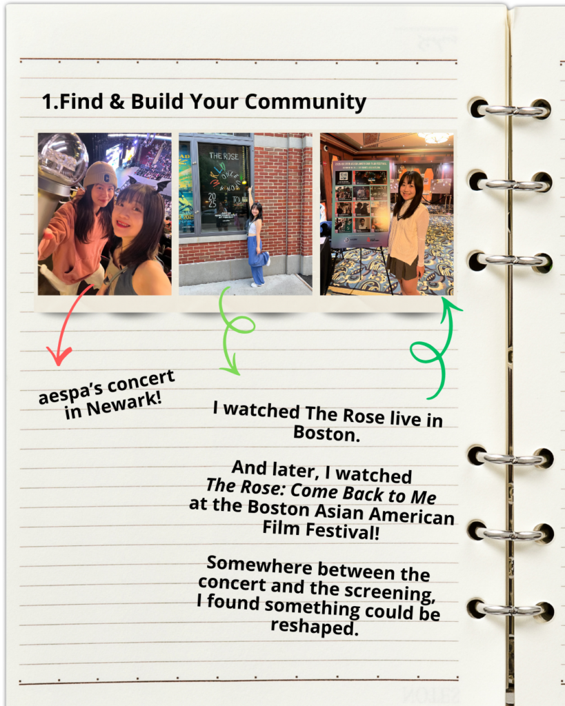 Notebook page 'Find & Build Your Community' with photos of aespa, The Rose concerts, and a documentary screening.