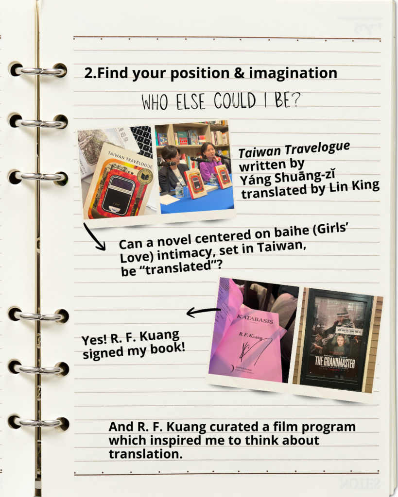 Notebook page on 'Taiwan Travelogue' and R. F. Kuang film program exploring translation

