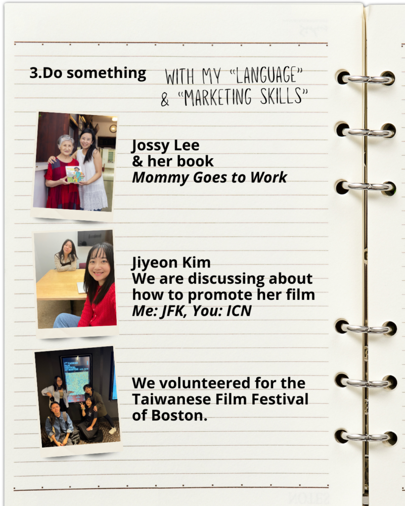 Notebook page 'Do something' showing marketing work for books , films, and film festivals.
