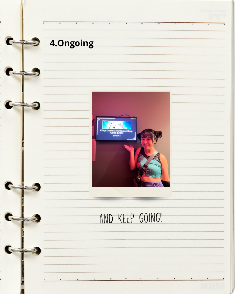 Notebook page 'Ongoing' showing a K-pop Demon Hunters event with text 'AND KEEP GOING!'.
