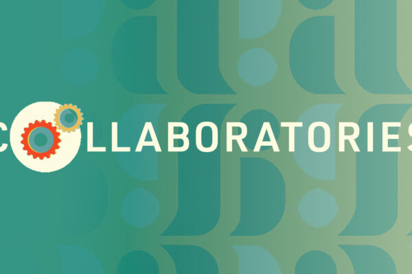 In the background is a blue-green gradient, which reveals a background of a's is it fades away on the right. On the left bottom is the IA logo (a red 'a'). In the middle is the word 'collaboratories'. The 'o' is represented as a series of gear wheels.