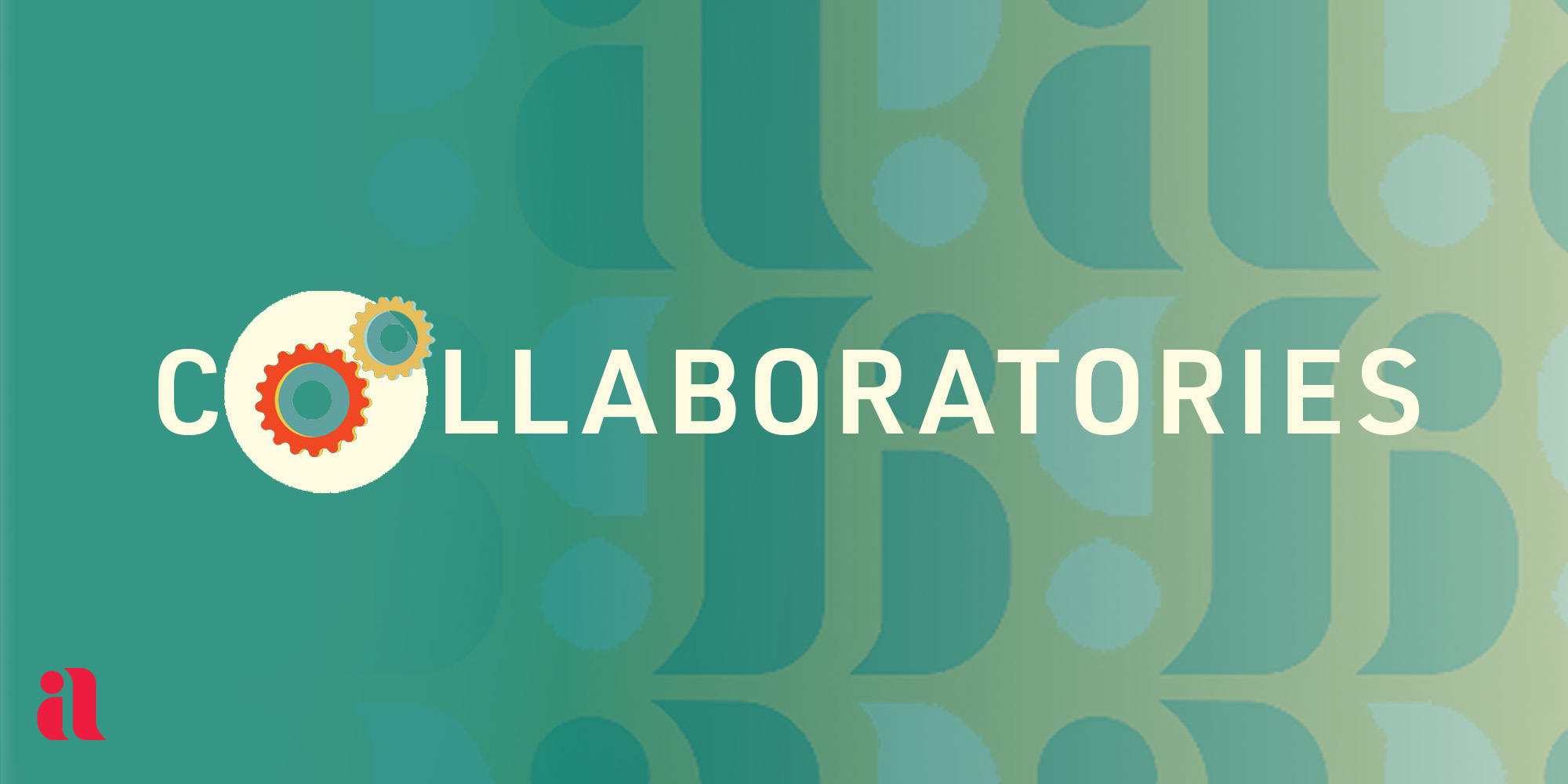 In the background is a blue-green gradient, which reveals a background of a's is it fades away on the right. On the left bottom is the IA logo (a red 'a'). In the middle is the word 'collaboratories'. The 'o' is represented as a series of gear wheels.