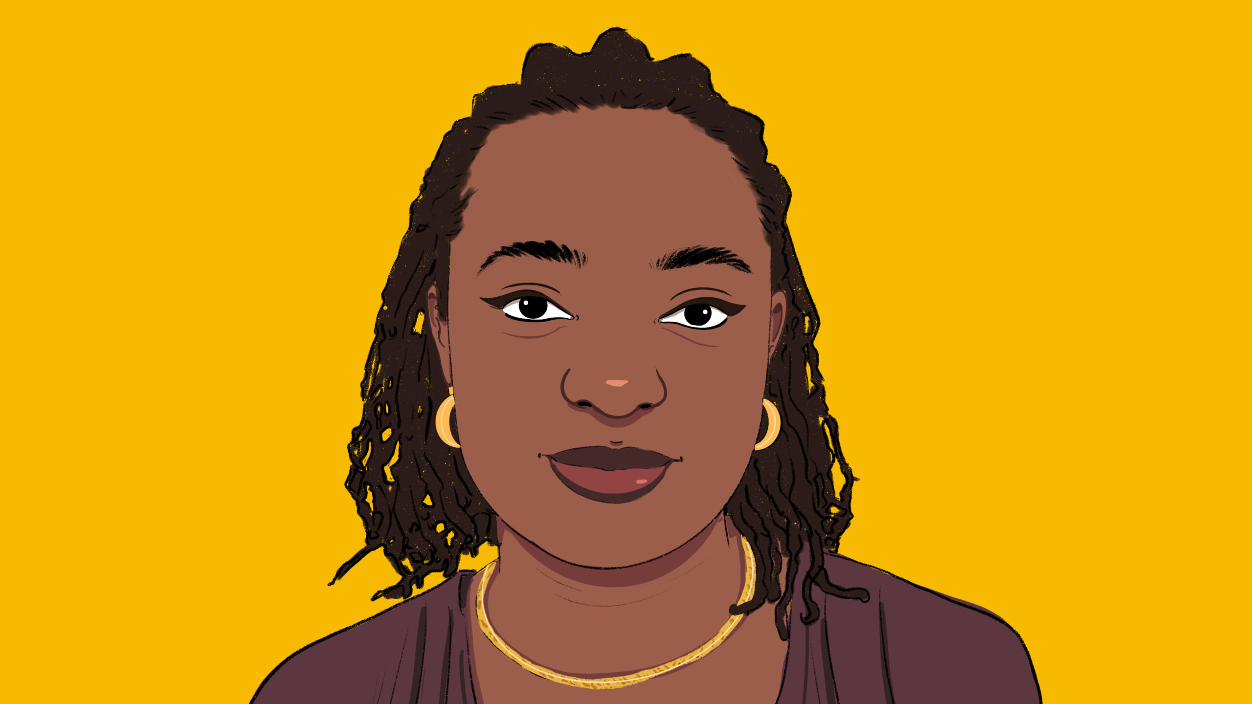 A digital illustration of an African woman, Ololade Faniyi, against a bright yellow background. It is a medium shot, and the woman is presented shoulder up. She has short hair in dreds that falls to her shoulders, her face is rounded, and she is wearing a gold neckalce and earrings. She is looking directly at the viewer.