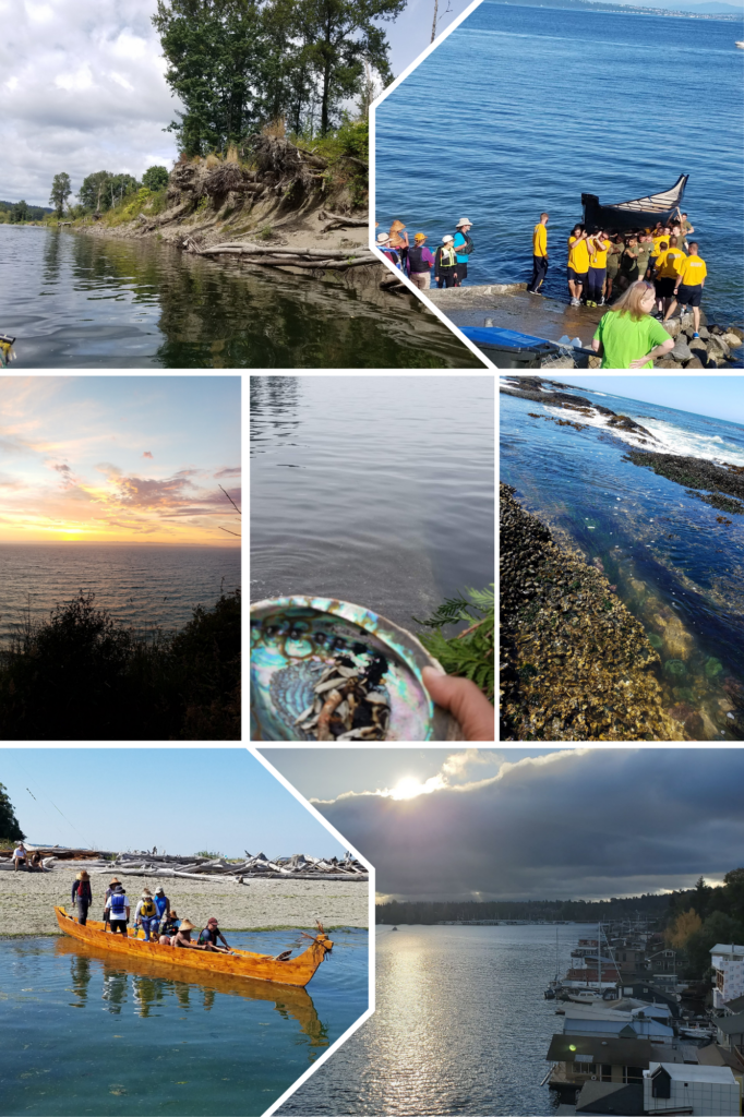 Collage of images depicting a portage journey with scenes of rivers, coastlines, and people navigating in traditional canoes. Highlights include a sunset over the ocean, a hand holding a seashell with smoldering sage, and houseboats along a harbor, symbolizing a connection to water travel and cultural passage.