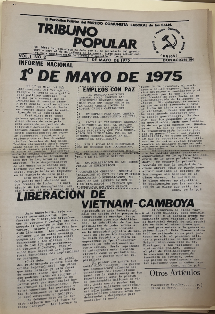 An old newspaper in Spanish reads in bold letters “Tribuno Popular”. The top right corner shows a hammer and sickle encircled in words. There are two bold headlines and paragraphs are split into three columns.