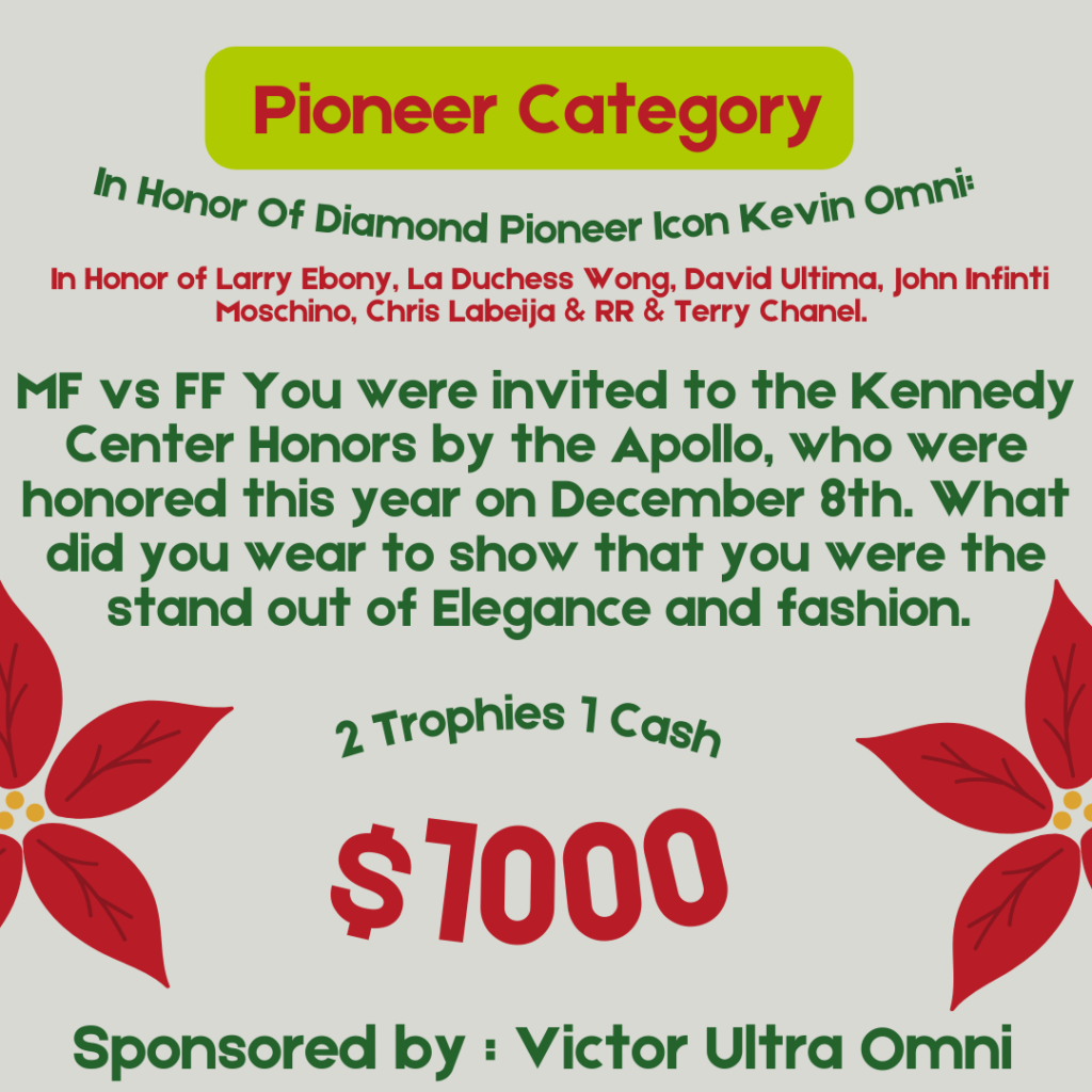 A flyer with grey-green background. On the left and right is a flower motif in red. In the center of the flyer is text in green and red announcing a cash award of $1000 for the Pioneer Category in honor of Kevin Omni.