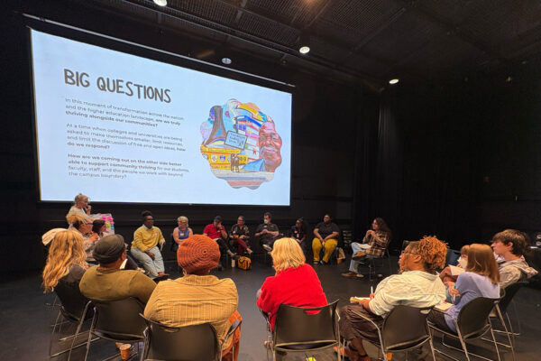 Photo of around twenty people sitting in a large circle. One woman is standing by a poster with post-its on it. Behind them a slide is projected that reads, "BIG QUESTIONS", with three questions written out below, and a photo of a mural on the right. Teal text in the top right of the image reads, "Read the B-More with Imagination BLOG POST".