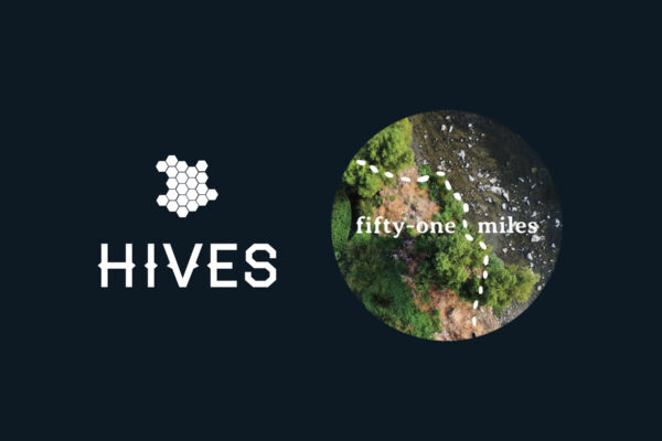 On a black background, left of center is a logo made of white hexagons and white text that says "HIVES". Right of center is a birds-eye view photograph of a river shoreline. The photo is cropped in a circle. There is white dotted line running through it and white text on top that reads, "fifty-one miles".